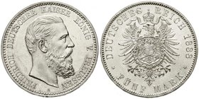 Reichssilbermünzen J. 19-178
Preußen
Friedrich III., 1888
5 Mark 1888 A. fast Stempelglanz, kl. Kratzer