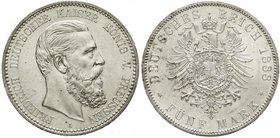 Reichssilbermünzen J. 19-178
Preußen
Friedrich III., 1888
5 Mark 1888 A. prägefrisch, winz. Kratzer