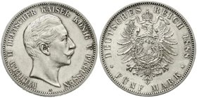 Reichssilbermünzen J. 19-178
Preußen
Wilhelm II., 1888-1918
5 Mark 1888 A. Kl. Adler.
vorzüglich/Stempelglanz