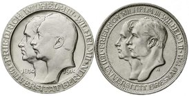 Reichssilbermünzen J. 19-178
Preußen
Wilhelm II., 1888-1918
2 X 3 Mark: 1910 A, Uni Berlin und 1911 A, Uni Breslau.
beide vorzüglich/Stempelglanz...