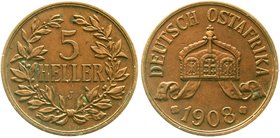 Kolonien und Nebengebiete
Deutsch Ostafrika
5 Heller 1908 J. Größte deutsche Kupfermünze.
gutes sehr schön, kl. Randfehler