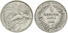 Kolonien und Nebengebiete
Deutsch-Neuguinea, Neuguinea Compagnie
1/2 Neuguinea-Mark 1894 A, Paradiesvogel.
gutes vorzüglich, winz. Randfehler