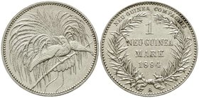 Kolonien und Nebengebiete
Deutsch-Neuguinea, Neuguinea Compagnie
1 Neuguinea-Mark 1894 A, Paradiesvogel.
gutes vorzüglich, leicht berieben
