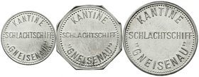 Notmünzen/Wertmarken
Marken der deutschen Kriegsflotte
Kantine Schlachtschiff Gneisenau
3 Alumarken: 5, 100 und 200 (Pf.) o.J. alle fast Stempelgla...