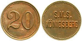 Notmünzen/Wertmarken
Marken der deutschen Kriegsflotte
Königsberg (Kleiner Kreuzer der KaiM)
Marke zu 20 (Pf.) o.J. S.M.S. Königsberg, Messing.
vo...