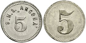 Notmünzen/Wertmarken
Marken der deutschen Kriegsflotte
S.M.S. Arcona
Marke zu 5 Pf. o.J. Zink vernickelt.
vorzüglich, selten