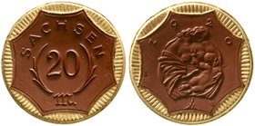 Notmünzen aus Porzellan (Länder,Städte,Firmen), Staaten/- und Ländermünzen, Sachsen
20 Mark 1920, mit Golddekor.
vorzüglich, selten