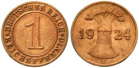 Weimarer Republik
Kursmünzen, 1 Reichspfennig, Kupfer 1924-1936
1924 E. sehr schön, kl. Randfehler, selten
