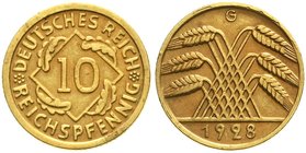 Weimarer Republik
Kursmünzen, 10 Reichspfennig, messingfarben 1924-1936
1928 G. sehr schön, selten