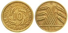 Weimarer Republik
Kursmünzen, 10 Reichspfennig, messingfarben 1924-1936
1931 G. sehr schön, selten
