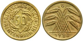 Weimarer Republik
Kursmünzen, 50 Rentenpfennig, messingfarben 1923-1924
1923 G. vorzüglich/Stempelglanz