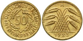 Weimarer Republik
Kursmünzen, 50 Rentenpfennig, messingfarben 1923-1924
1923 A. vorzüglich/Stempelglanz