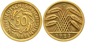 Weimarer Republik
Kursmünzen, 50 Rentenpfennig, messingfarben 1923-1924
1923 D. gutes vorzüglich