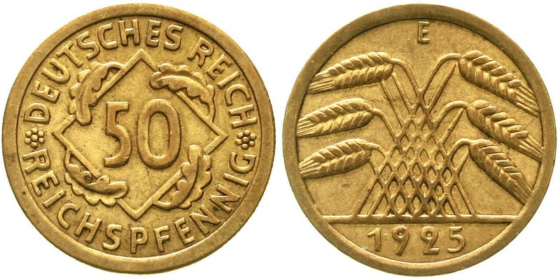 Weimarer Republik
Kursmünzen, 50 Reichspfennig, messingfarben 1924-1925
1925 E...