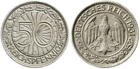 Weimarer Republik
Kursmünzen, 50 Reichspfennig, Nickel 1927-1938
1931 J. sehr schön