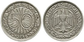 Weimarer Republik
Kursmünzen, 50 Reichspfennig, Nickel 1927-1938
1933 G. sehr schön, kl. Randfehler