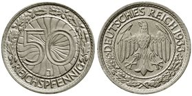 Weimarer Republik
Kursmünzen, 50 Reichspfennig, Nickel 1927-1938
1933 J. vorzüglich