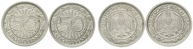 Weimarer Republik
Kursmünzen, 50 Reichspfennig, Nickel 1927-1938
2 Stück: 1938 E und G. vorzüglich/Stempelglanz