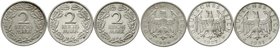 Weimarer Republik
Kursmünzen, 2 Reichsmark, Silber 1925-1931
3 Stück: 1926 G, 1927 J und 1931 F. alle sehr schön