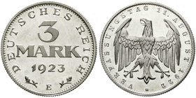 Weimarer Republik
Kursmünzen, 3 Mark, Aluminium mit Umschrift 1922-1923
1923 E. Polierte Platte, leicht berührt