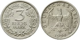 Weimarer Republik
Kursmünzen, 3 Reichsmark, Silber 1931-1933
1931 A. vorzüglich/Stempelglanz
