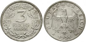 Weimarer Republik
Kursmünzen, 3 Reichsmark, Silber 1931-1933
1931 A. gutes vorzüglich