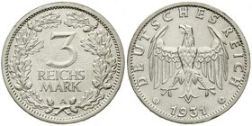 Weimarer Republik
Kursmünzen, 3 Reichsmark, Silber 1931-1933
1931 A. fast vorzüglich