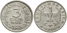 Weimarer Republik
Kursmünzen, 3 Reichsmark, Silber 1931-1933
1931 D. prägefrisch/fast Stempelglanz