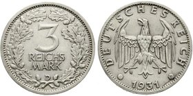 Weimarer Republik
Kursmünzen, 3 Reichsmark, Silber 1931-1933
1931 D. Interessanter Stempelbruch.
vorzüglich