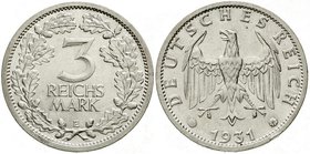 Weimarer Republik
Kursmünzen, 3 Reichsmark, Silber 1931-1933
1931 E. vorzüglich/Stempelglanz, kl. Randfehler