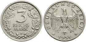 Weimarer Republik
Kursmünzen, 3 Reichsmark, Silber 1931-1933
1931 F. fast vorzüglich, kl. Kratzer
