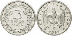 Weimarer Republik
Kursmünzen, 3 Reichsmark, Silber 1931-1933
1931 G. Interessanter Stempelbruch.
vorzüglich