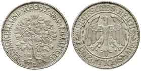 Weimarer Republik
Kursmünzen, 5 Reichsmark Eichbaum Silber 1927-1933
1929 E. fast Stempelglanz, Prachtexemplar mit feiner Tönung