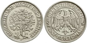 Weimarer Republik
Kursmünzen, 5 Reichsmark Eichbaum Silber 1927-1933
1931 D. gutes vorzüglich