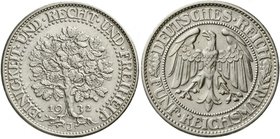 Weimarer Republik
Kursmünzen, 5 Reichsmark Eichbaum Silber 1927-1933
1932 J. gutes vorzüglich