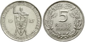 Weimarer Republik
Gedenkmünzen, 5 Reichsmark Rheinlande
1925 A. vorzüglich, winz. Randfehler