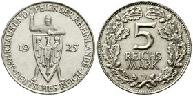 Weimarer Republik
Gedenkmünzen, 5 Reichsmark Rheinlande
1925 D. sehr schön/vorzüglich, etwas berieben