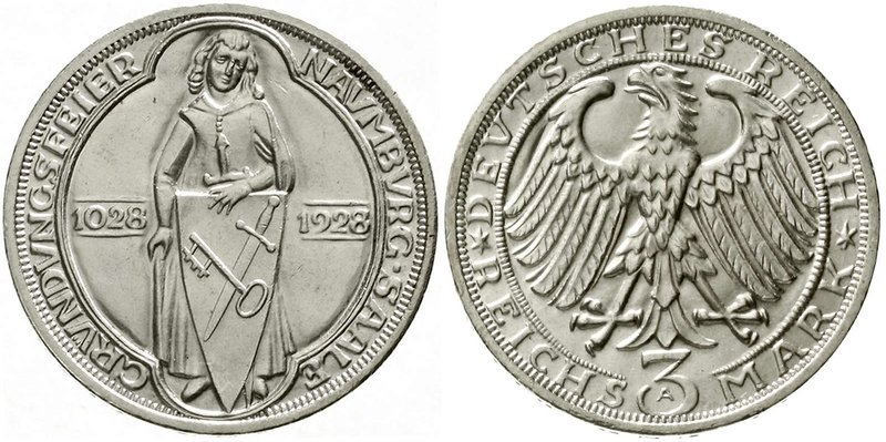 Weimarer Republik
Gedenkmünzen, 3 Reichsmark Naumburg/Saale
1928 A. fast Stemp...