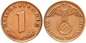 Drittes Reich
Klein/- und Kursmünzen, 1 Reichspfennig Hakenkreuz, Kupfer 1936-1940
1936 E. sehr schön/vorzüglich