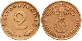 Drittes Reich
Klein/- und Kursmünzen, 2 Reichspfennig Hakenkreuz 1936-1940
1940 G. sehr schön/vorzüglich