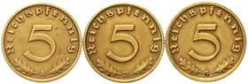 Drittes Reich
Klein/- und Kursmünzen, 5 Reichspfennig, messingf. 1936-1939
3 Stück: 1936 A,D,G. sehr schön, teils selten