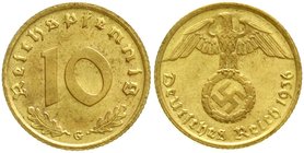 Drittes Reich
Klein/- und Kursmünzen, 10 Reichspfennig Hakenkr., messingf. 1936-1939
1936 G. vorzüglich/Stempelglanz, selten