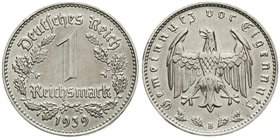 Drittes Reich
Klein/- und Kursmünzen, 1 Reichsmark, Nickel 1933-1939
1939 B. fast vorzüglich, kl. Kratzer und Randfehler