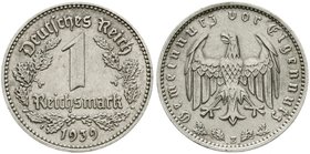 Drittes Reich
Klein/- und Kursmünzen, 1 Reichsmark, Nickel 1933-1939
1939 E. fast vorzüglich, selten