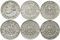 Drittes Reich
Gedenkmünzen, 2 Reichsmark Luther 1933-1934
6 Stück: komplette Serie mit allen Buchstaben 1933 A,D,E,F,G,J. meist sehr schön