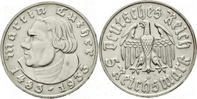Drittes Reich
Gedenkmünzen, 5 Reichsmark Luther, 1933-1934
1933 D. gutes vorzüglich, kl. Kratzer