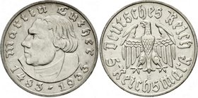 Drittes Reich
Gedenkmünzen, 5 Reichsmark Luther, 1933-1934
1933 E. sehr schön/vorzüglich, kl. Kratzer