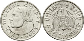 Drittes Reich
Gedenkmünzen, 5 Reichsmark Luther, 1933-1934
1933 F. vorzüglich/Stempelglanz, min. berieben