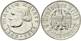 Drittes Reich
Gedenkmünzen, 5 Reichsmark Luther, 1933-1934
1933 G. vorzüglich, etwas berieben und Randfehler