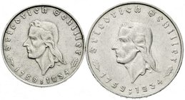 Drittes Reich
Gedenkmünzen, 5 Reichsmark Schiller 1934
2 und 5 Reichsmark Schiller 1934 F. beide sehr schön